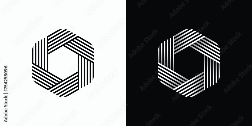 Poster vector logo design of abstract geometric lines hexagon shape with three-dimensional depth effect.