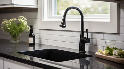 Detail image of a kitchen sink with black faucet  - Powered by Adobe