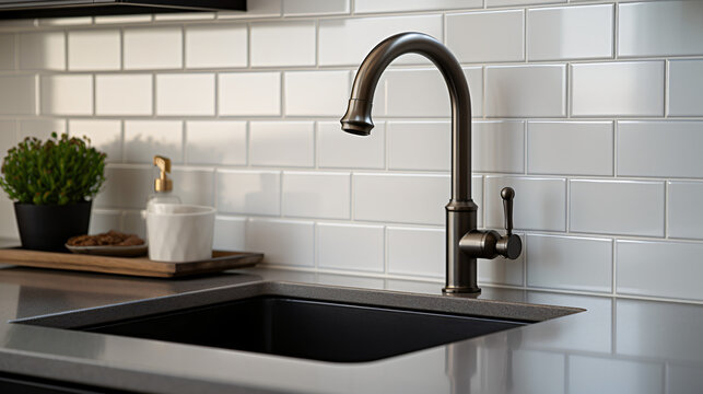 Detail image of a kitchen sink with black faucet 