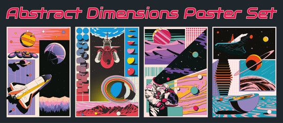 Abstract Dimensions Poster Set. Space, Spacecraft, Astronaut, Jupiter, Saturn, Planetary Panoramas, 3D Effect Geometric Shapes 