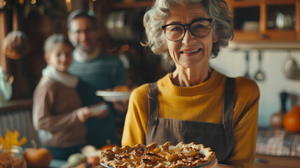 Grandmother Presenting Homemade Pie with Family
. A joyful grandmother offers a freshly baked pie, with her loving family in the cozy kitchen background. - obrazy, fototapety, plakaty