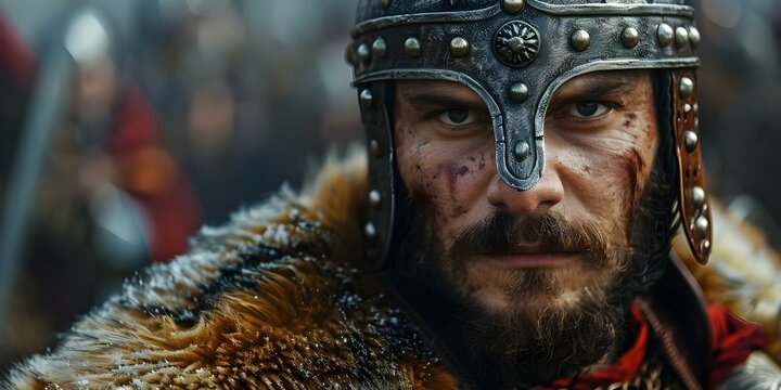 A Varangian Guard Protects His Emperor with a Detailed Helmet and Vigilant Expression. Concept Historical Reenactment, Medieval Warrior, Protective gear, Loyalty, Vigilance