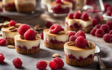 Round mini cheesecakes with raspberries and almond flakes - obrazy, fototapety, plakaty