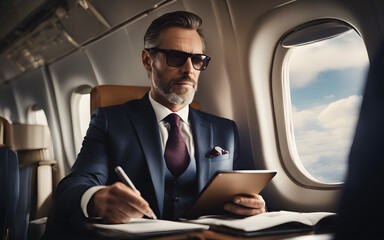 Businessman in suit talking on mobile phone sitting in plane during business trip