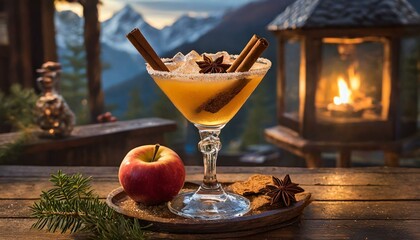 Fireside Martini: A cozy and inviting ambiance with a fireside martini, featuring warm and comforting flavors like spiced rum and apple cider, garnished with a cinnamon stick. - obrazy, fototapety, plakaty
