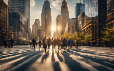 Crowd walking with motion blur on a sunny day in a city with skyscrapers