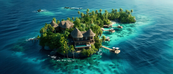 An aerial view on Tropical paradise.Luxury panorama view on Maldives resort on seascape background. Bungalow, villas on beautiful exotic beach on the ocean. Honeymoon. Generative ai - obrazy, fototapety, plakaty