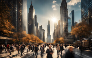 Crowd walking with motion blur on a sunny day in a city with skyscrapers - obrazy, fototapety, plakaty