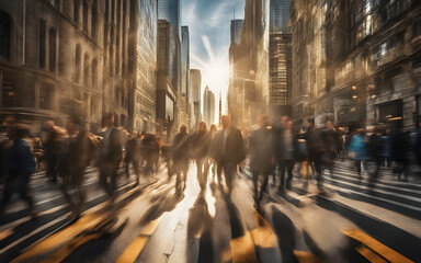 Crowd walking with motion blur on a sunny day in a city with skyscrapers - obrazy, fototapety, plakaty