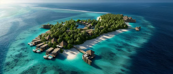 Foto op Plexiglas An aerial view on Tropical paradise.Luxury panorama view on Maldives resort on seascape background. Bungalow, villas on beautiful exotic beach on the ocean. Honeymoon. Generative ai © Inai