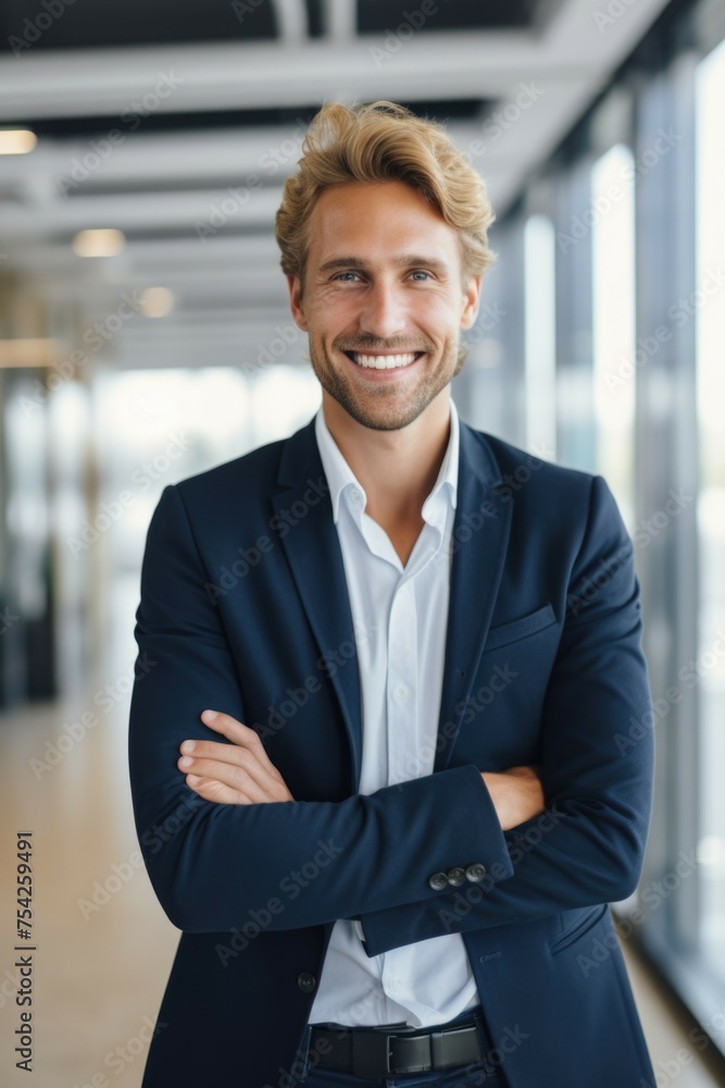 Poster a man in a suit standing with his arms crossed. suitable for business concepts