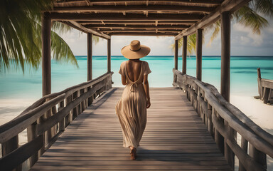 Traveler woman seen from behind wearing hat and dress walking over wooden bridge on Maldives resort.
