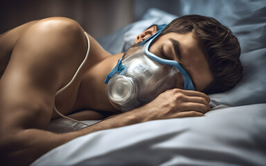 Young man wearing oxygen mask sleeping in bed, recovering after sickness in hospital ward