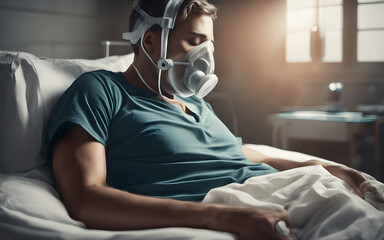Young man wearing oxygen mask sleeping in bed, recovering after sickness in hospital ward - obrazy, fototapety, plakaty