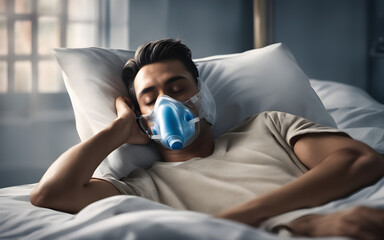 Young man wearing oxygen mask sleeping in bed, recovering after sickness in hospital ward