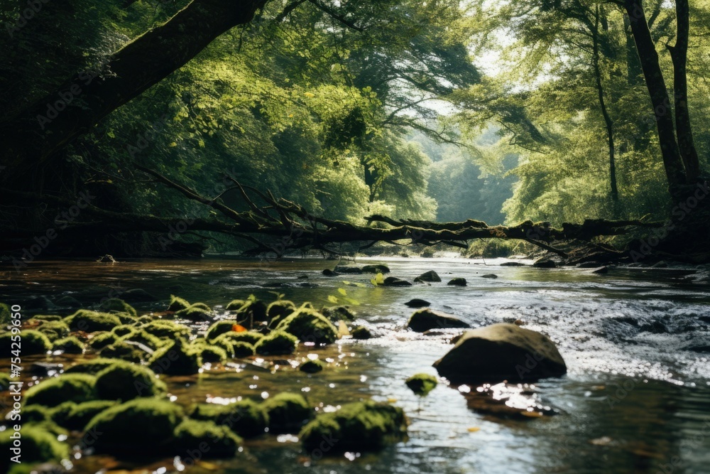 Poster a tranquil stream flowing through a vibrant forest. ideal for nature themes
