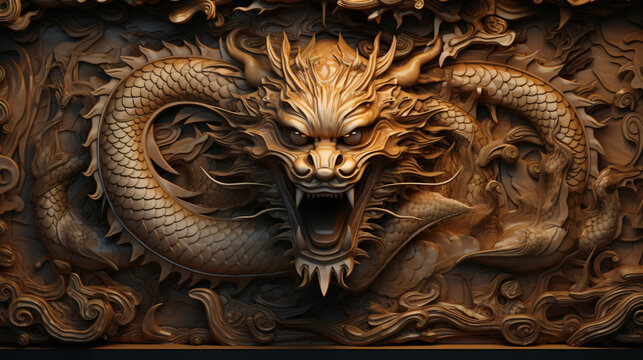 Dragon old wooden and chinese pattern wood nature. 3d