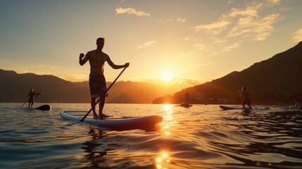 A man riding a paddle board on top of a tranquil lake. Suitable for outdoor and water sports concepts