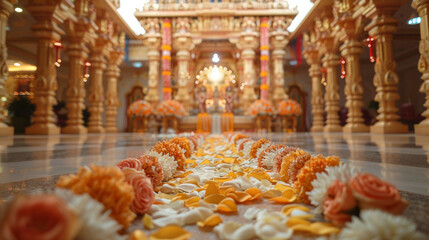 A vibrant low angle view inside a temple with a focus on flower petals and garlands strewn across the floor leading to the ornate altar with intricate carvings and soft lighting. - obrazy, fototapety, plakaty
