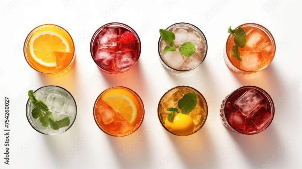 Poster group of glasses filled with different types of beverages. suitable for menus or bar promotions