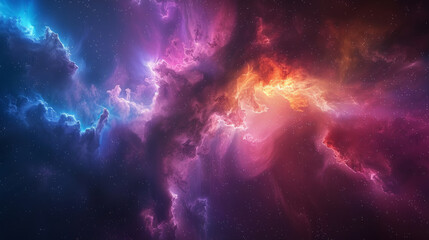A high-resolution cosmic background depicting a vibrant nebula with swirling colors ranging from deep blues and purples to warm oranges and pinks, suggesting a dynamic and mystical outer space scene.
