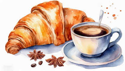 Watercolor croissant and a cup of coffee