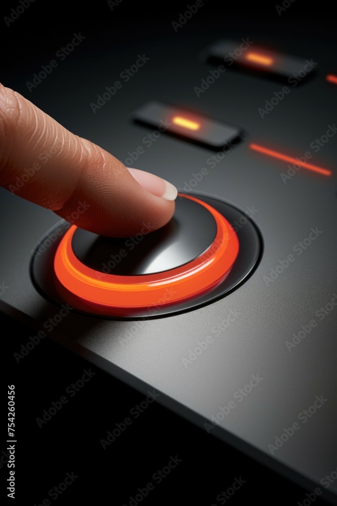 Poster A finger pressing a button on a black surface. Suitable for technology concepts