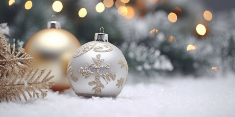 A close up of a Christmas ornament in the snow. Can be used for holiday-themed designs