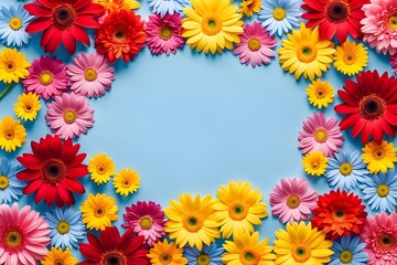 Fototapeta na wymiar beautiful and colorful flowers on a bright blue background, having an empty space in the middle