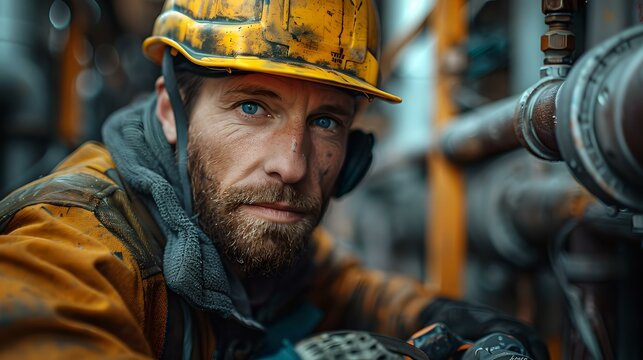 Portrait of a rugged worker in industrial setting, focused and determined. authentic style, captures resilience. ideal for labor themes. AI