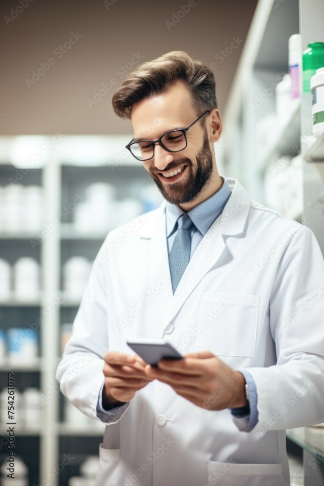 Poster a man in a lab coat looking at a tablet. suitable for technology and science concepts