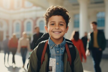 A young boy with a backpack smiling at the camera, suitable for educational and travel themes