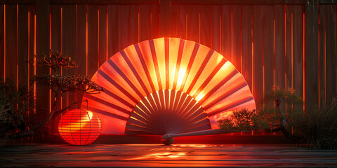 Cut Paper Fan design on red light background with Red Lantern Chinese and plants stage background 