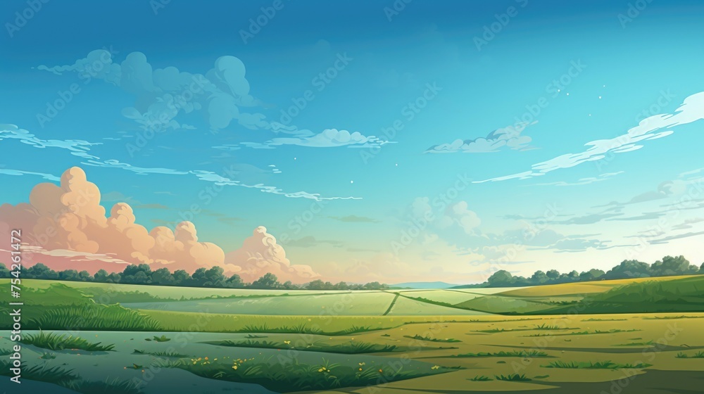 Poster cartoon landscape featuring a green field and a winding river. suitable for various design projects