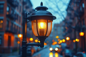 A lantern brightens up the night on a bustling city street, adding charm to the urban landscape.