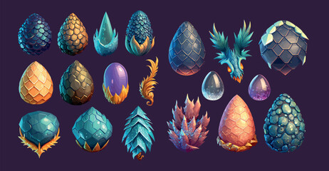 Mystical Collection of Fantasy Eggs and Crystals with Vibrant Colors and Detailed Textures for Game Assets