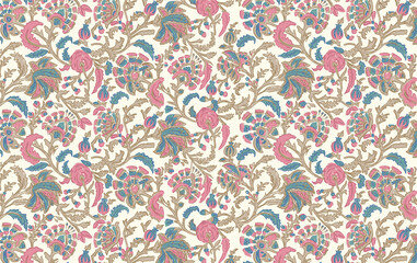 Illustrated by hand mughal floral motif, jaals and seamless patterns. Colorful overall chintz and traditional designs  