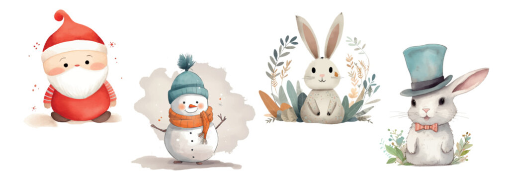 Festive Collection of Watercolor Characters: Santa Claus, Snowman, and Bunnies in Seasonal