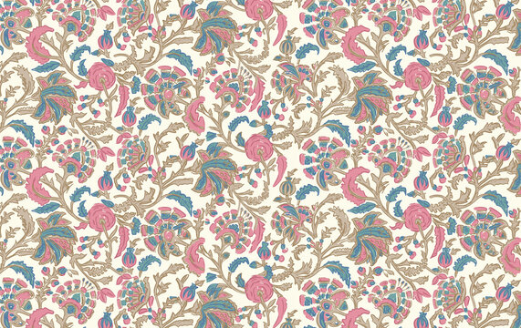 Illustrated by hand mughal floral motif, jaals and seamless patterns. Colorful overall chintz and traditional designs  
