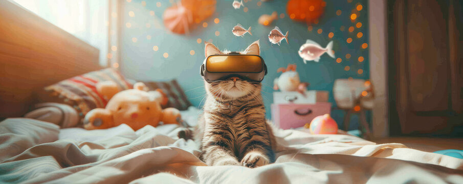 Dreamy Catnap Underwater Adventure.
Whimsical scene of a cat with VR goggles, imagining an underwater world while napping.