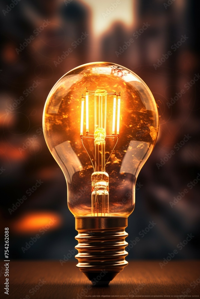Poster a bright light bulb on a rustic table, perfect for creative concepts