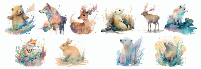 Watercolor Wildlife Collection: A Vibrant Series of Animals in Nature, Artistic Illustration Set for Diverse