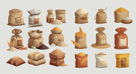 Variety of Detailed Grain and Flour Sacks Illustration Set, Featuring Different Types of Grains, Flour