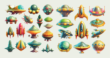 Colorful Collection of Various Alien Spaceships and Futuristic Flying Saucers, Detailed Vector