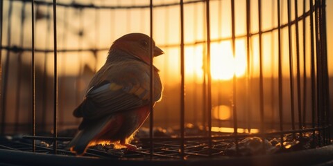 Bird sitting in cage with beautiful sunset background. Suitable for nature and freedom concepts