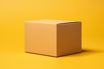 Obraz premium Simple brown cardboard box on vibrant yellow background. Great for packaging or shipping concepts