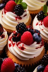 Close up of delicious cupcakes with frosting and fresh berries, perfect for bakery or dessert concepts