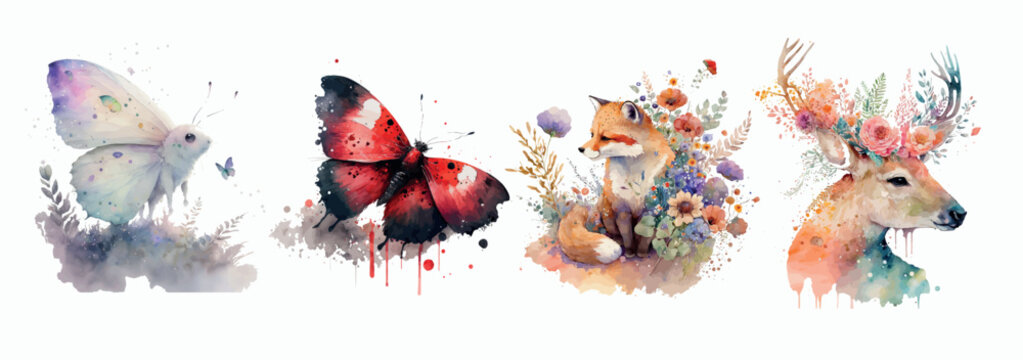 Watercolor Wildlife and Nature Harmony: A Beautiful Collection of Animals Adorned with Floral Elements and Paint Splatters