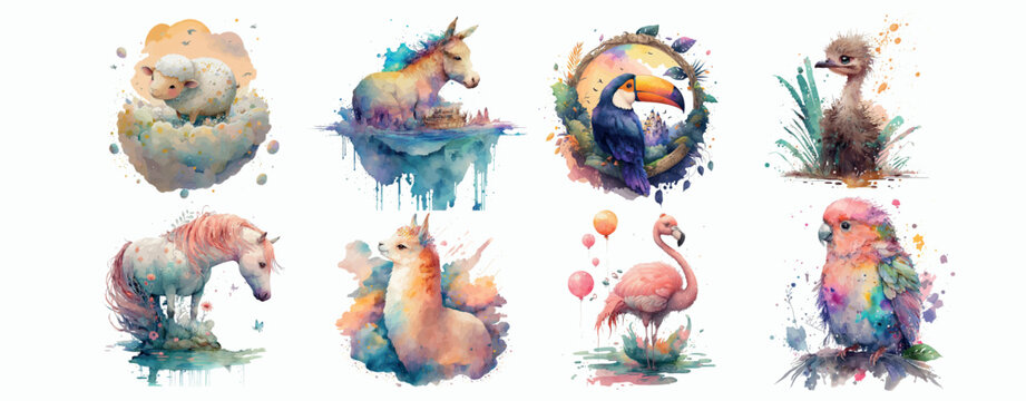 Enchanting Collection of Watercolor Animals and Birds: Artistic, Whimsical Illustrations for Creative Projects, Including Unicorns, Flamingos, Parrots, Ostriches, Llamas