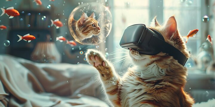 Feline Diver's Living Room Ocean.
Orange cat in VR gear pawing at virtual fish in an imagined living room ocean.